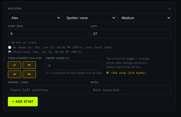 Add stint form